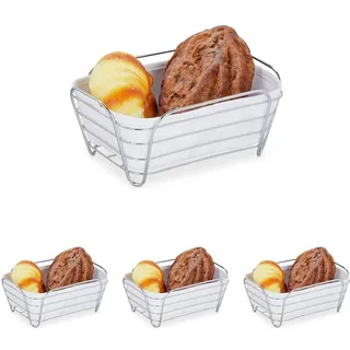 Relaxdays Brotkorb Metall mit Stoffeinsatz, eckig, Frühstückskorb für Brot & Brötchen, HBT: 10 x 23,5 x 17 cm, weiß (Packung mit 4)