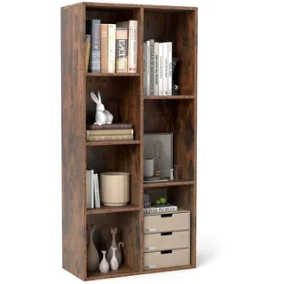FANTASK 7-Fächer Bücherregal, Freistehendes Würfelregal als Raumteiler, Vertikal/Horizontal nutzbar Standregal mit 2 Kippschutz-Sets, Aufbewahrungsregal für Wohnzimmer, 49,5 x 23 x 106 cm (Braun)