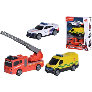 Dickie Toys 203712015014 - SOS Team Set Belgien, Spielzeugauto mit Freilauf, Polizeiauto, Krankenwagen, Feuerwehrwagen, ab 3 Jahren