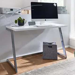 WOHNLING Schreibtisch 120x55x76 cm Hochglanz Weiß / Silber PC-Tisch mit Metallbeine Design Computertisch Home-Office Bürotisch Konsolentisch Modern - Weiß