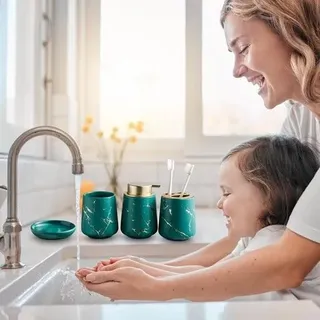 Marmor-Badezimmer-Accessoire-Set - 4-teiliges Keramik-Badezimmer-Accessoire-Komplettset, s Badezimmer-Accessoire mit Seifenspender, Zahnbürstenhalter, Becher, Seifenschale (Dunkelgrün (4 Teile))