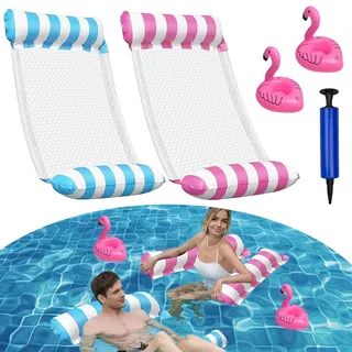 2 Stück Luftmatratze Pool mit 1 aufblasbarem Getränkehalter und Luftpumpe, 4-in-1 Wasserhängematte mit Netz, Poolzubehör für Erwachsene, Schwimmbad & Strand