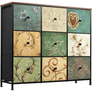 Fortuna Lai Kommode Schrank mit 9 Schubladen aus Stoff, Sideboard mit Stoffschubladen, Schubladenschrank für Küche Büro Flur, TV Schrank mit Stoff Schubladen
