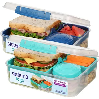 Sistema TO GO Bento-Box Cubes | 1,25 L | Brotdose für Pause mit Fächern und Snackbox | BPA-frei | 2 Stück | Minty Teal & Ocean Blue