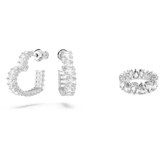 Swarovski Matrix Kreolen, Rhodinierte Ohrringe mit Herz-Motiv und Strahlenden Swarovski Kristallen & Vittore Ring, Swarovski Zirkonia im Tropfenschliff, Weiß, Rhodiniert