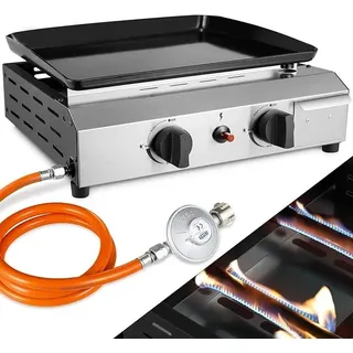 Gas Plancha Grillplatte, Tischgasgrill, Plancha Gasgrill Edelstahl | 2 Brenner, 4,8KW(16500 BTU), Keramische Lackbeschichtung Grillfläche, Camping Tischgrill Gas Garten, Terrasse(Butan/Propan) - Weiß