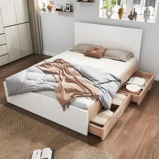 Merax Doppelbett Holzbett 160x200 cm mit 2 Schubladen, Modernes Bett inkl. Lattenrost und Bettgestell, Stauraumbett aus Massivholz, Weiß + Eiche - Weiß