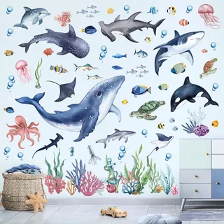 wondever Wandtattoo Unter dem Meer Fisch Hai Wandaufkleber Unterwasserwelt Wal Seetang Ozean Wandsticker Wanddeko für Kinderzimmer Babyzimmer Badezimmer