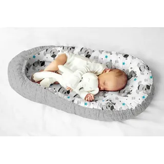 Kokon Kuschelnest für Babys und Säuglinge, Nestchen, Reisebett, 100% Baumwolle und Plüsch Minky, antiallergisch, Grau/Teddy