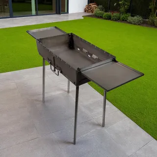 GOROCH Tragbarer Schaschlikgrill Transformer mit 2 Klapptischen – Faltbarer Holzkohlegrill für 9 Spieße, aus 3 mm Stahl, klappbar als Koffer mit Griff, ideal für Garten, Picknick & Camping