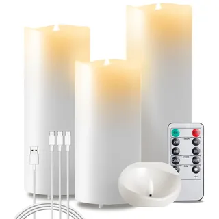 EXTSUD Flammenlose LED Kerzen 3er Flackerndes Echtwachs Kerzen Aufladbare LED Kerzen mit Timer und Fernbedienung 7,5x16,18,5,21 CM Stumpenkerzen für Haus Hochzeit Weihnachten Halloween Party Decor
