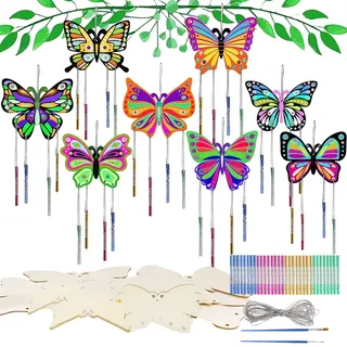 Holz Windspiel Bastelset für Kinder, 8 Stück Schmetterlinge Windspiel Basteln mit Pinsel, DIY Holz Windspiele Bastelset Kindergeburtstag für Jungen Mädchen Kindergeburtstag Garten Deko