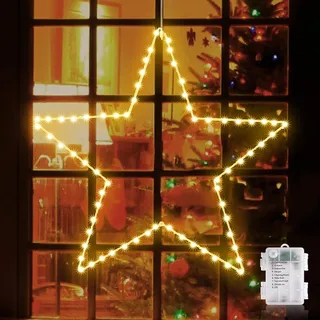 GlobaLink 2 Stück LED Weihnachtsstern Beleuchtung, faltbar XXL 50cm Weihnachtsfenster Stern mit 70 warmweißen LEDs batteriebetrieben für Weihnachten Outdoor Schlafzimmer Fenster Deko