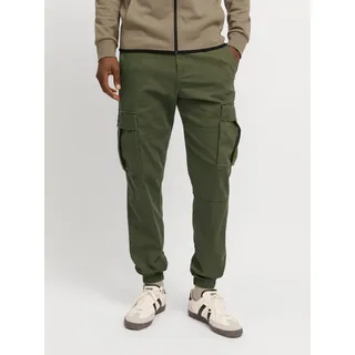 Cargohose JACK & JONES "JPSTKANE JJJONNIE CUFFED CARGO", Herren, Gr. 28, Länge 30, grün (olive night), Web, Obermaterial: 98% Baumwolle, 2% Elasthan, unifarben, loose fit knöchellang, Hosen Cargohose