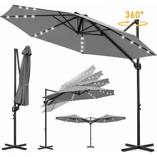 Izrielar Sonnenschirm Ampelschirm 3x3 m Grau mit Solar LED, 360° drehbar & 0–60° neigbar, UV50+ wasserabweisend, Kurbel, Garten Terrasse Balkon - Grau