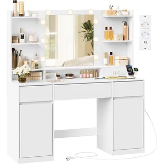 VASAGLE Kailyn Kollektion - Schminktisch mit Spiegel und LED-Leuchten, Hocker, Steckdosenleiste, 2 Schränke, 9 dimmbare Glühbirnen, 3 Lichtfarben, werkzeuglose Gleitschienen, wolkenweiß