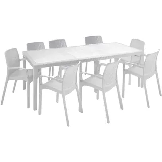 Dmora Outdoor Lounge Set Manarola, Outdoor Lounge Set, Ausziehbarer rechteckiger Tisch mit 8 Stühlen mit Armlehnen, Italy, Weiß