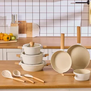 Swiss Crystal Almond Cream 12-teiliges Kochgeschirr Kochtopf Set Bratpfanne Kochgeschirr Bratentopf Fleischtopf Stieltopf Pfanne