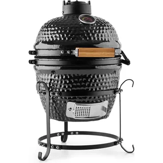 Klarstein Princesize - Kamado-Grill, Keramikgrill, Holzkohlegrill, Smoker, mit Deckel, Keramik, Gute Hitzespeicherung, Innenthermometer, Holzgriff, abnehmbares Gestell, schwarz - Schwarz