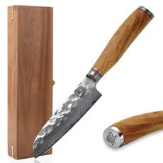 zayiko Minami Premium kleines Santoku Messer mit 12 cm Klinge gefertigt aus 67 Lagen echtem Damaststahl mit Hammerschlag und Olivenholzgriff I Holzbox I Damastmesser Küchenmesser und Profi Kochmesser