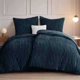 RUIKASI Winter Flanell Bettwäsche 135 x 200 4teilig Blau - Plüsch Warme Flauschig Winterbettwäsche Cord Teddy Fleece Cashmere-Touch Bettbezug mit Reißverschluss und 2 Kissenbezug 80x80cm