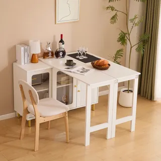Flieks Drehbar Esszimmertisch Bartisch, Rechteckig Esstisch Küchentisch Ausziehbar mit Kommode, Stehtisch mit Sideboard, Weiß - Weiß