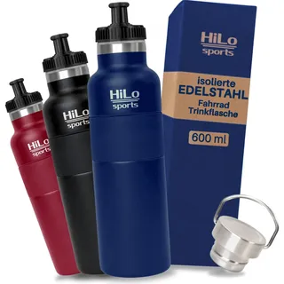 HiLo sports 600 ml Fahrradflasche Edelstahl Isoliert - Für Kunststoff Flaschenhalter - [Pulver Beschichtetes Edelstahl] - Fahrrad Trinkflasche mit 2 Verschlüssen - Thermo Radflasche