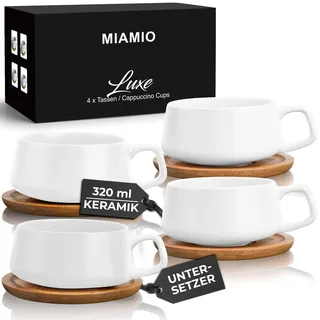 MIAMIO - 4 x 320 ml Kaffeetassen/Cappuccino Tassen mit Unterteller/elegant/modern/Kaffeebecher aus Steingut - Luxe Kollektion 4er Set (Weiß)