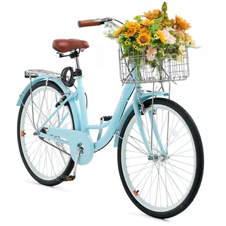 VEVOR Cruiser Fahrrad (Reifendurchmesser 660,4 mm) Beach Fahrrad mit großem Korb & Gepäckträger, Cruiser-Fahrrad mit verstellbarem Sitz, für Radfahren & Trainieren & Einkaufen Hellblau