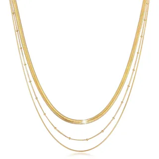 Silberkette ELLI PREMIUM "Halskette Halskette Layer 3-reihig Flach Rund Kugelkette 925 Sterling Silber" Gr. 40, gold, Halsketten, Damen, Silber 925 (Sterlingsilber), Silberkette