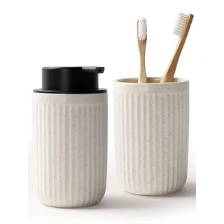 BosilunLife Seifenspender Keramik, 350ml Spülmittelspender Nachfüllbar, mit Zahnbürstenhalter, Großer Pumpenkopf für Leichtes Pressen, für Küche, Bad, Arbeitsplatte (Beige, Flüssigseifenspender)
