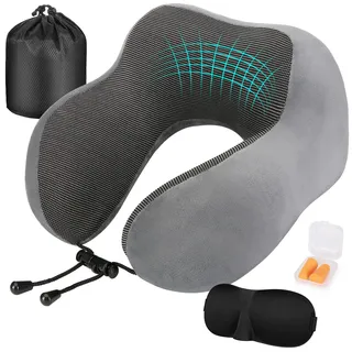 Eono Nackenkissen, Nackenhörnchen Memory Foam, Ergonomisch Gestaltetes Reisekissen, Nackenkissen Reise mit Schlafmaske, Ohrstöpsel, Tasche Ideal für Reisen, Flugzeug, Büro