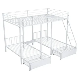 Etagenbett - Multifunktionales Metallbett - Umwandelbar in Doppelbett 140 x 200 cm - Zwei Einzelbetten 90 x 200 cm - Schubladen - Weiß - Weiß