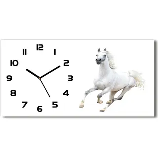Wanduhr aus Glas – 60x30 cm - Glasbild - Glasuhr - Gehärtetes Glas - schwarze-zeiger - Weißes arabisches Pferd