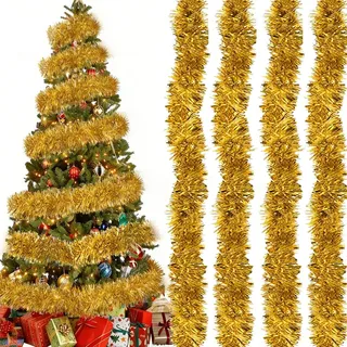 4 Stück Lametta Girlande Gold (8m Set) – Premium Weihnachtsbaum Girlande mit Frostspitzen-Optik, Extra Breit (9cm) – Wiederverwendbare Christbaum G-irlande für Edle Weihnachten & Party Deko