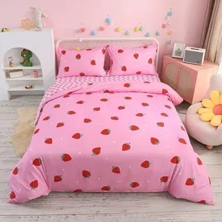 Loussiesd Erdbeere Bettwäsche Set 200x200cm für Kinder Mädchen Frauen Rosa Bettwäsche Erdbeere Muster Bettbezug Set 3 Teilig 100% Mikrofaser Betten Set Sanft Niedliche Früchte drucken Bettwäsche