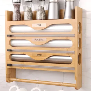 Peiaw 4 in 1 Frischhaltefolienspender mit Küchenrollenhalter Küchenrollenhalter Wandmontierter Organizer für Aluminiumfolie Plastikfolie & Wachspapier,Mehrzweck Ablage mit Küchentuchrolle-Holz