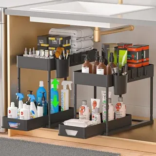 Keuken-Organizer-Set mit 2 Reihen, unter der Spüle, tragbar, 8 Haken, 16 Anti-Slip-Pads, 2 Haken für Geschirrtücher - Schwarz