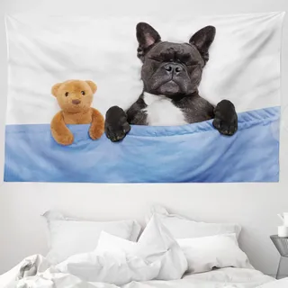 ABAKUHAUS Tier Wandteppich, Französisch Bulldog mit Bär aus Weiches Mikrofaser Stoff Waschbar ohne Verblassen Digitaldruck, 230 x 140 cm, Mehrfarbig