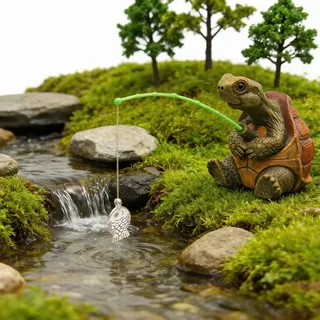 Youery Gartendeko Angelnde Schildkröte Harz 6,2cm | Mit Angelrute, Handbemalt, Wetterfest, UV-beständig, Frostsicher, Detailgetreu, Kompakt, für Teich & Terrasse
