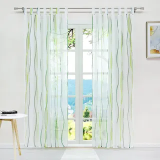 ESLIR Gardinen mit Schlaufen Vorhänge Gardinenschals Transparent Schlaufenschal Wellen Muster Voile Grün BxH 140x225cm 1 Stück
