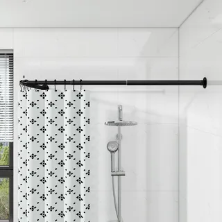 Duschvorhangstange L Form, [62-122 cm] × [62-122 cm] Verstellbare Duschstange Ecke, Duschvorhang Halterung mit 12 ringen & Deckenstütze für Badewanne/Badezimmer, Bohr-Montage Erforderlich (Schwarz)