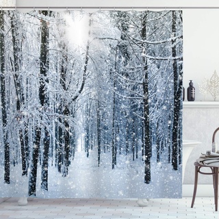 ABAKUHAUS Winter Duschvorhang, Schnee bedeckter Wald, Stoffliches Gewebe Badezimmerdekorationsset mit Haken, 175 x 200 cm, Schwarz Weiß Blau