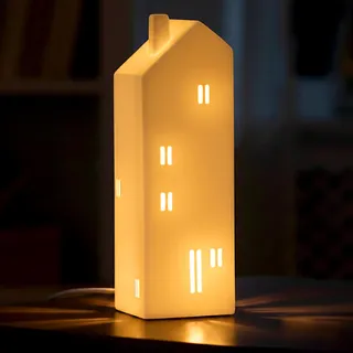 Porzellan Tischlampe Haus im Skandi Design matt weiß - 27 x 9 cm - Keramik Dekoleuchte für E14 Glühbirne - Weiß