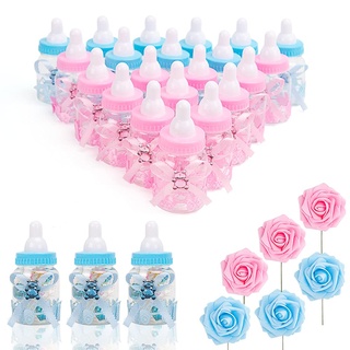 N&T NIETING 24 Stück Süßigkeiten Flaschen, Babyparty Flaschen mit 5 Stück künstlichen Blumen Roses, Mini Candy Bottle Candy Flaschen Geschenkbox für Baby Shower Party Deko(Rosa&Blau)