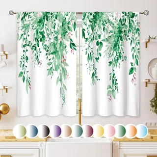 oolygoo Vorhänge, Smaragdgrün/Blaugrün, Eukalyptus, botanisches Motiv, Blätter, Florale Küchenfenstervorhänge, über der Spüle, Landhausstil, Blume, Frühling, kleine Fensterdekoration, Café, Kurze
