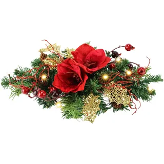 Künstlicher Tannen-Aufleger mit roten Amaryllis Beeren Zapfen LED Beleuchtung warmweiß 43x10x20 cm Weihnachtsdekoration Tischdeko Adventsdeko Batteriebetrieben für Weihnachten