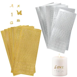 Wachsbuchstaben für Kerzen 14 Blatt Gold und Silber, Buchstaben Sticker Set mit Zahlen, Sternen und Symbolen, Klebebuchstaben für Kommunionkerze Bastelset, Taufe und Hochzeit Dekoration