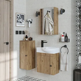 Badmöbelset - PUNTO - Unterschrank mit Waschbecken - Badezimmer Möbel - Gäste WC - Braun