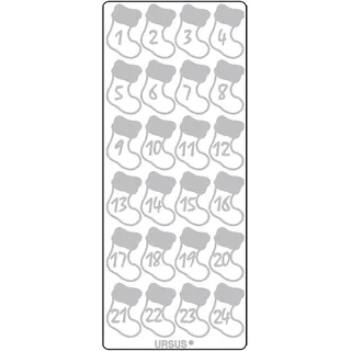 Ursus 593100124 - Kreativ Sticker Adventskalender, Stiefelchen silber, 5 Stickerbögen mit Zahlen von 1 bis 24, selbstklebend, leicht abziehbar, zum Nummerieren von selbstgemachten Adventskalendern